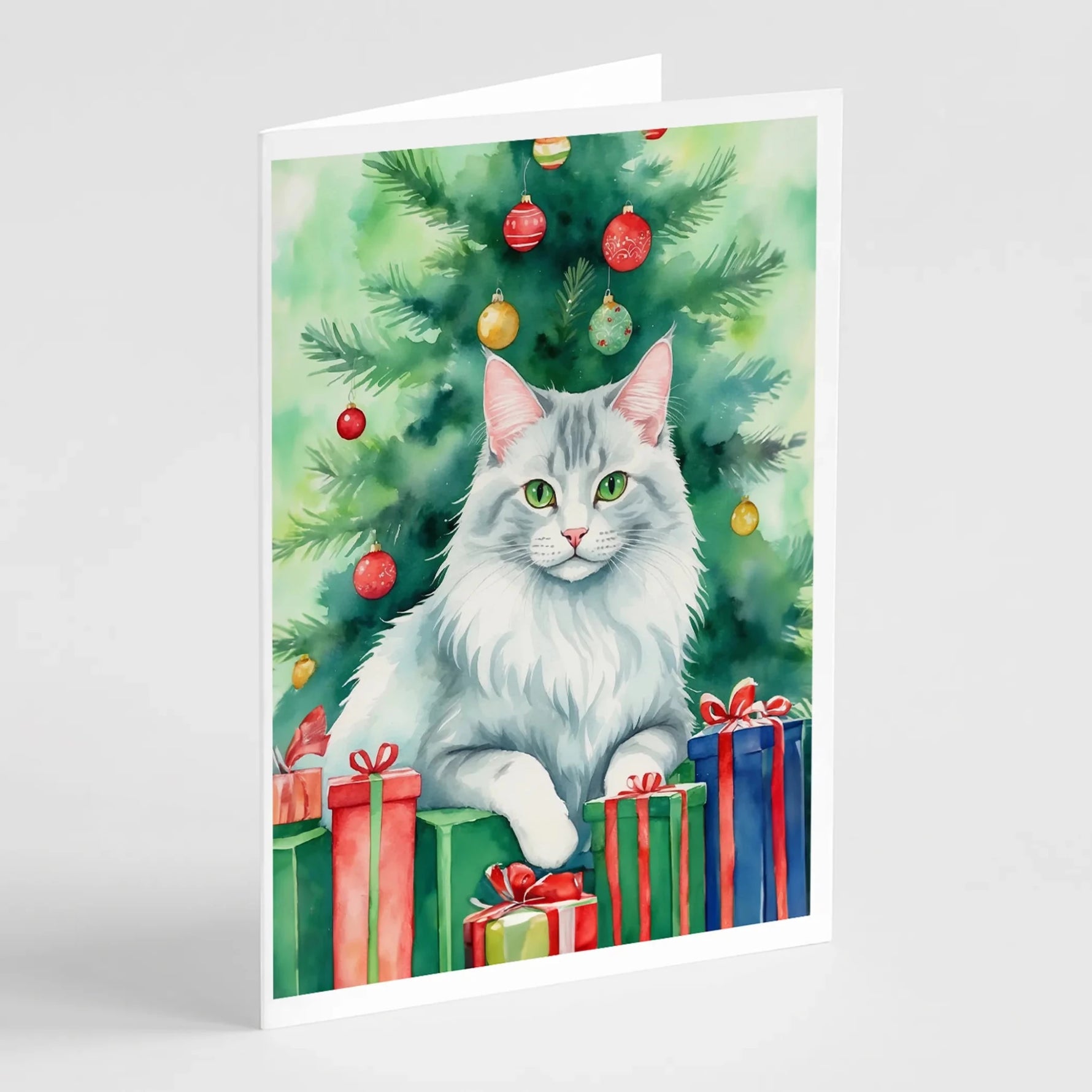 Cat By Christmas Tree Greeting Cards - Size: 5X7 | Pack Of: 8 | Collection name: Cat by christmas tree-AMAZON FACTORY