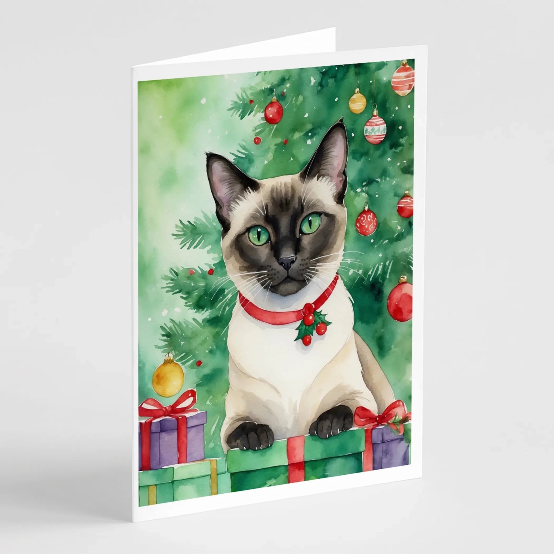 Cat By Christmas Tree Greeting Cards - Size: 5X7 | Pack Of: 8 | Collection name: Cat by christmas tree-AMAZON FACTORY