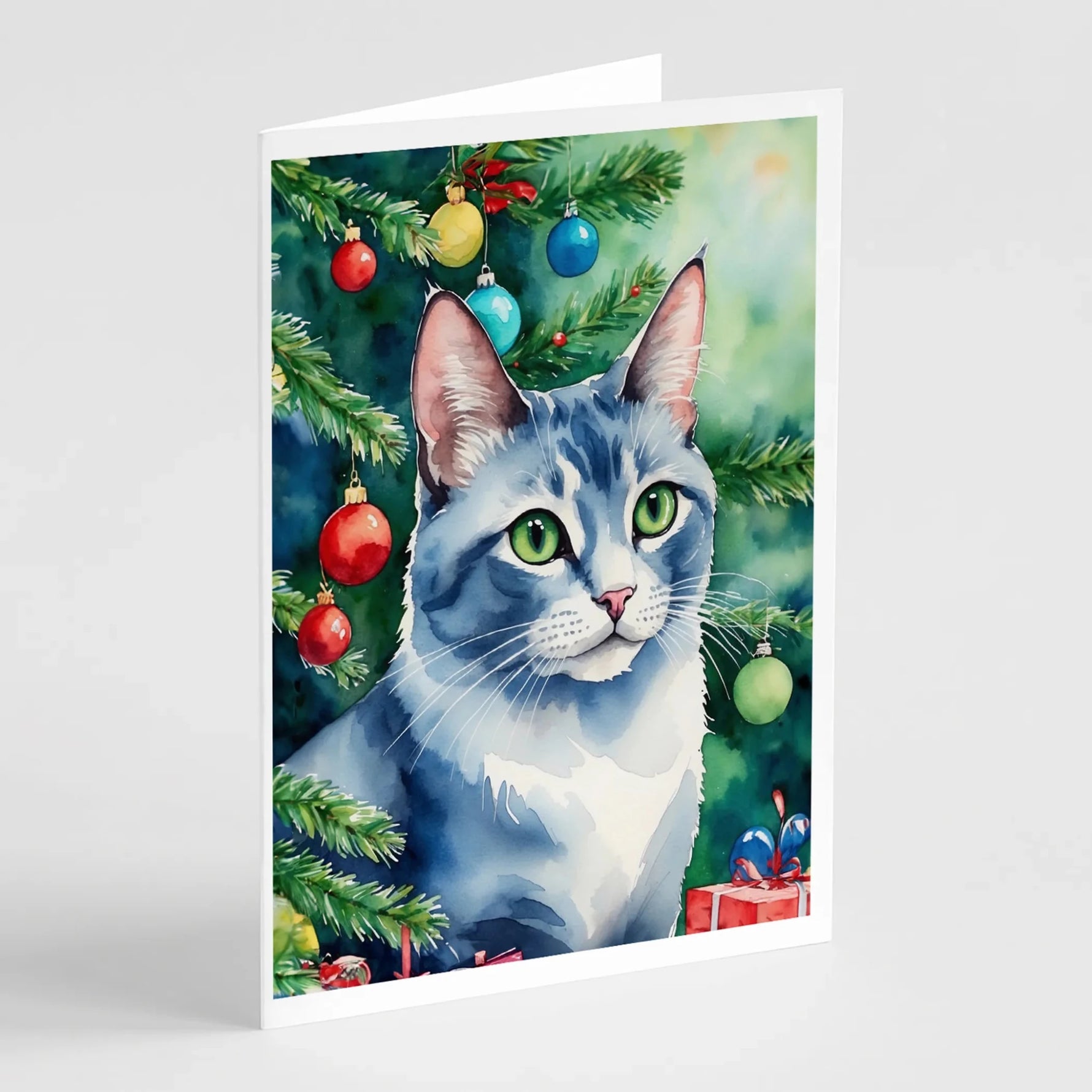 Cat By Christmas Tree Greeting Cards - Size: 5X7 | Pack Of: 8 | Collection name: Cat by christmas tree-AMAZON FACTORY