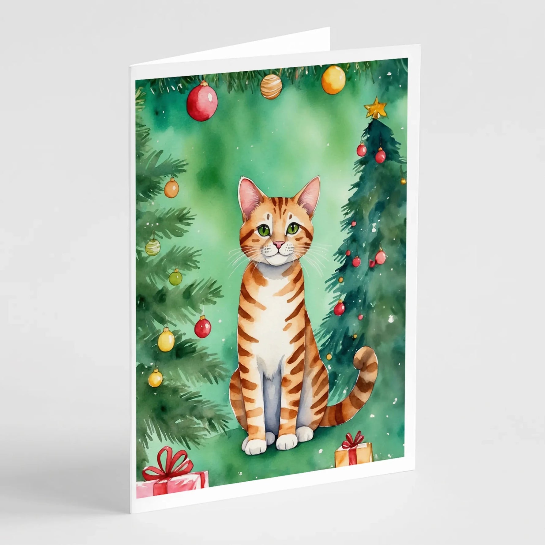 Cat By Christmas Tree Greeting Cards - Size: 5X7 | Pack Of: 8 | Collection name: Cat by christmas tree-AMAZON FACTORY