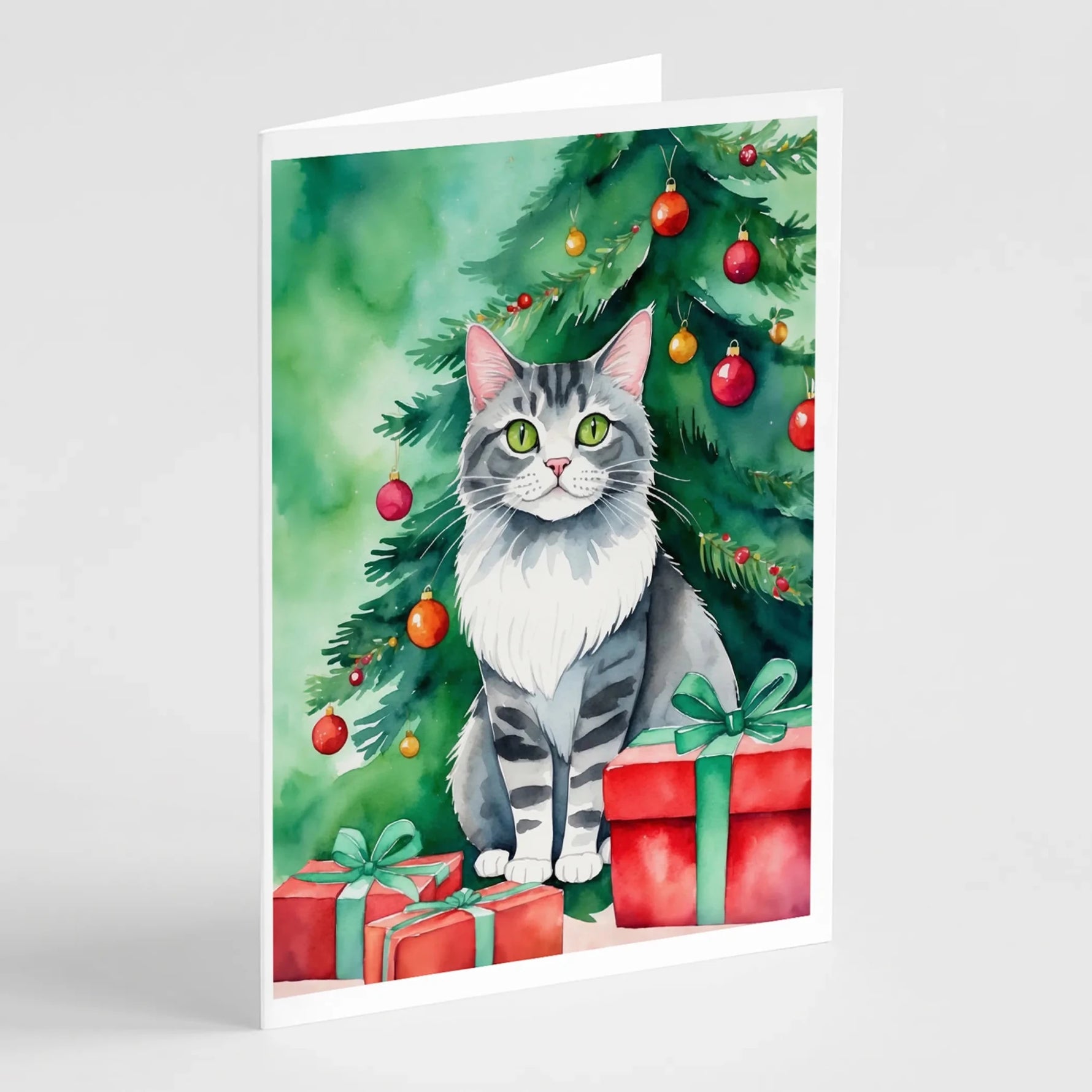 Cat By Christmas Tree Greeting Cards - Size: 5X7 | Pack Of: 8 | Collection name: Cat by christmas tree-AMAZON FACTORY
