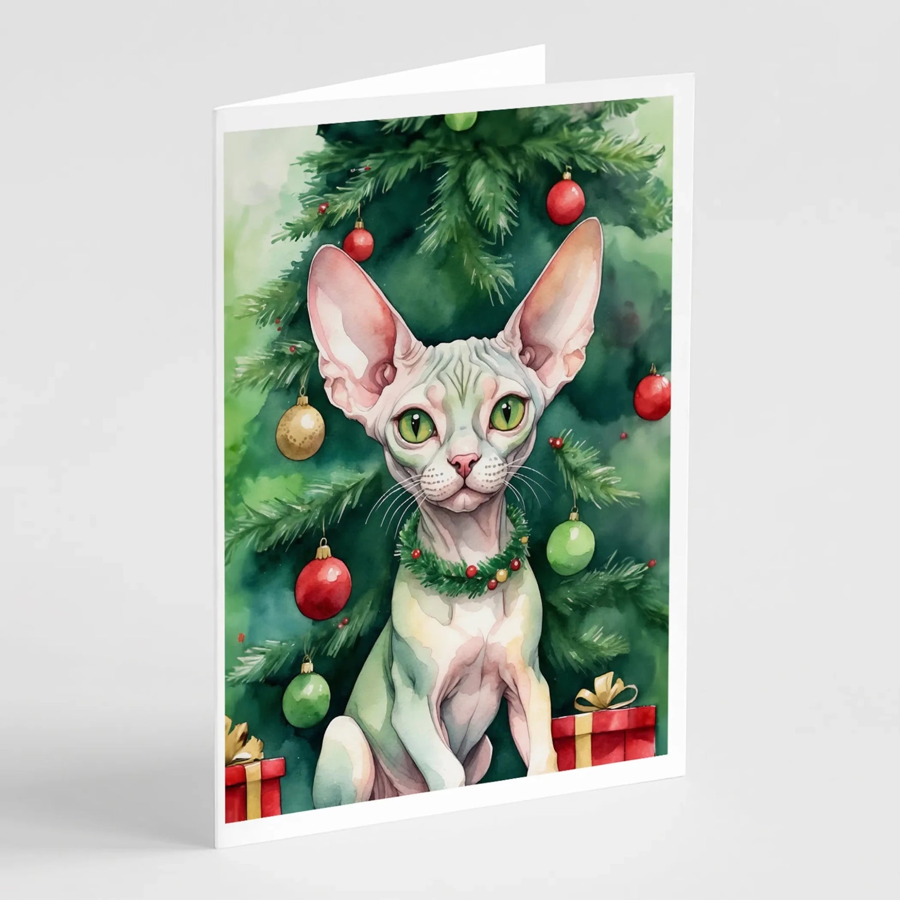 Cat By Christmas Tree Greeting Cards - Size: 5X7 | Pack Of: 8 | Collection name: Cat by christmas tree-AMAZON FACTORY
