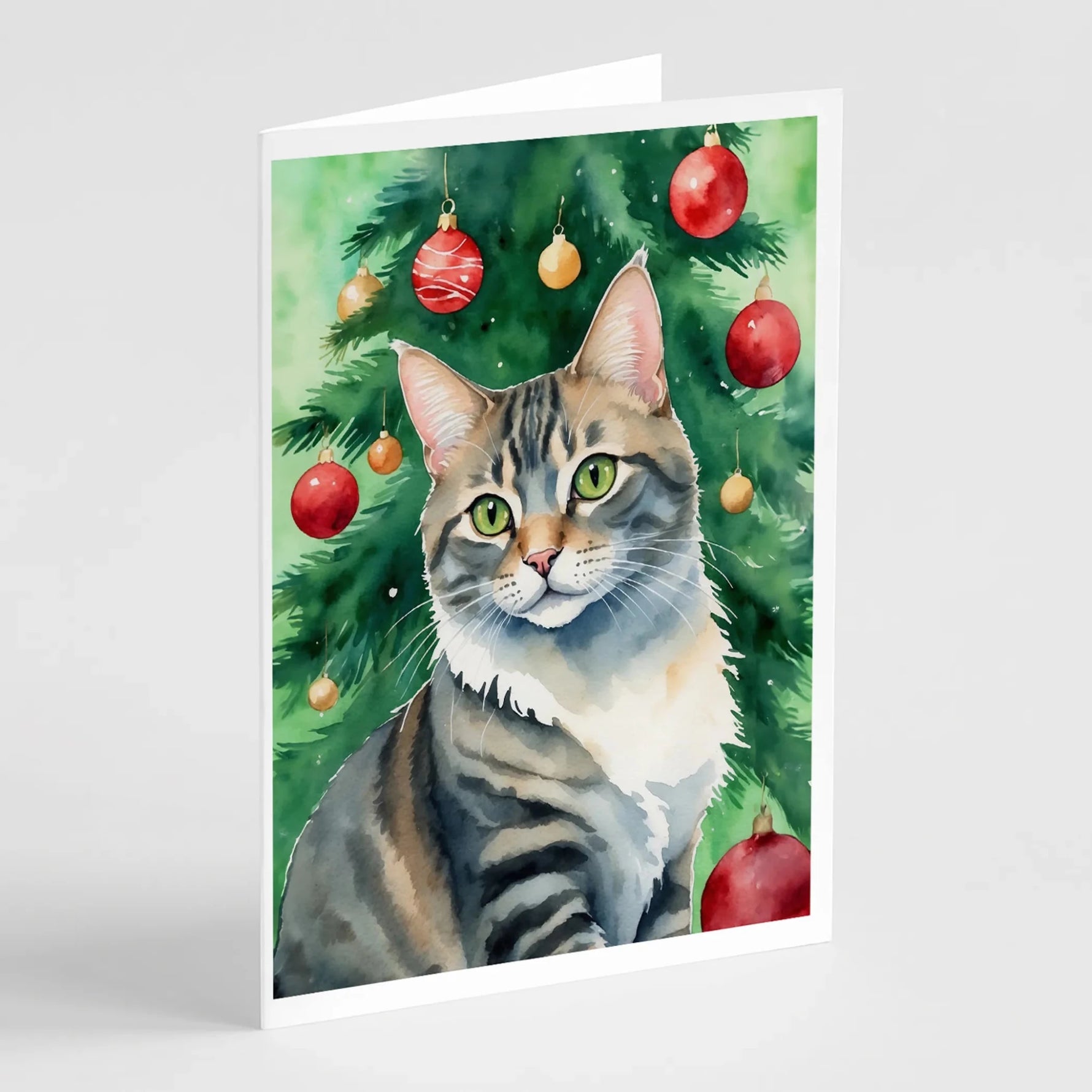 Cat By Christmas Tree Greeting Cards - Size: 5X7 | Pack Of: 8 | Collection name: Cat by christmas tree-AMAZON FACTORY