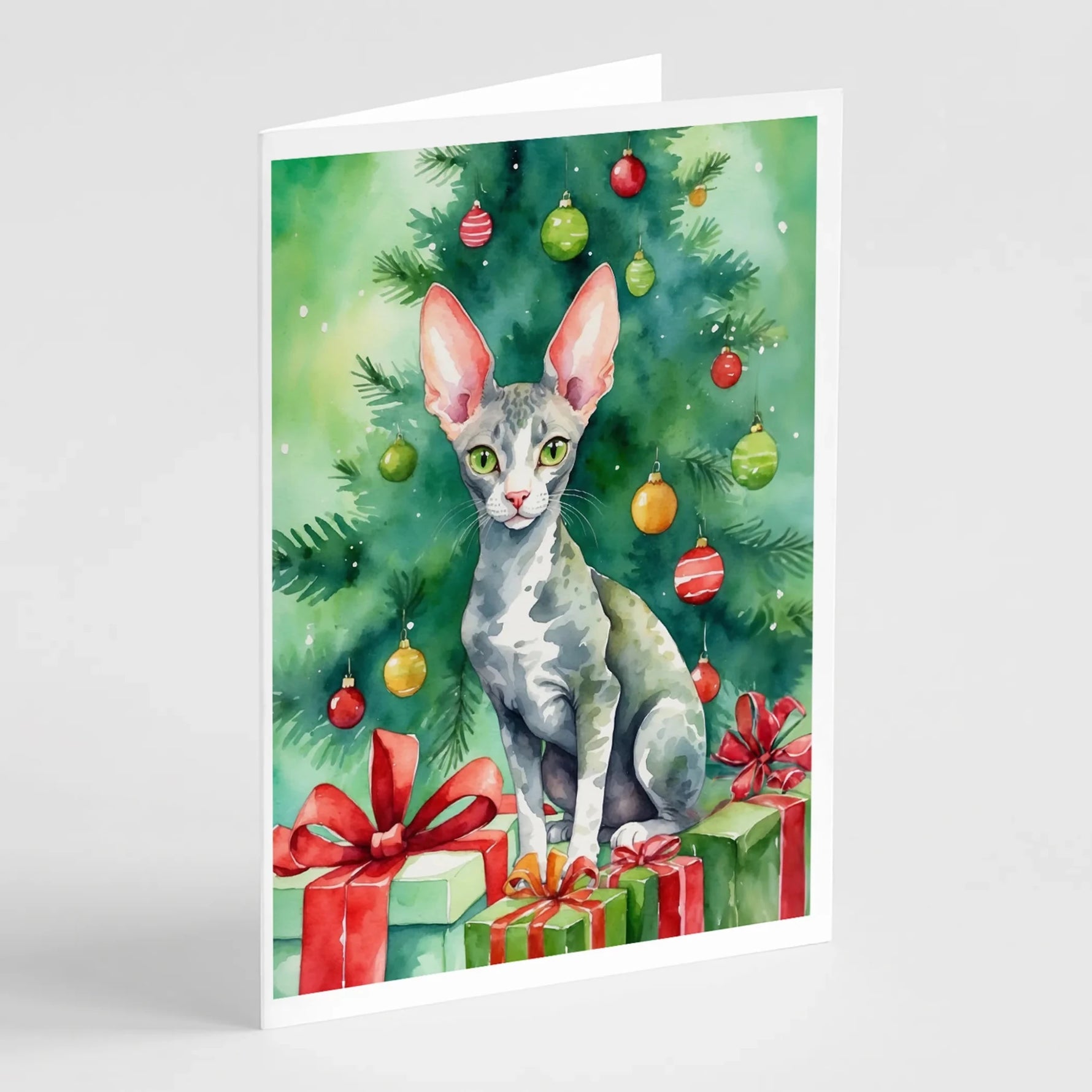 Cat By Christmas Tree Greeting Cards - Size: 5X7 | Pack Of: 8 | Collection name: Cat by christmas tree-AMAZON FACTORY