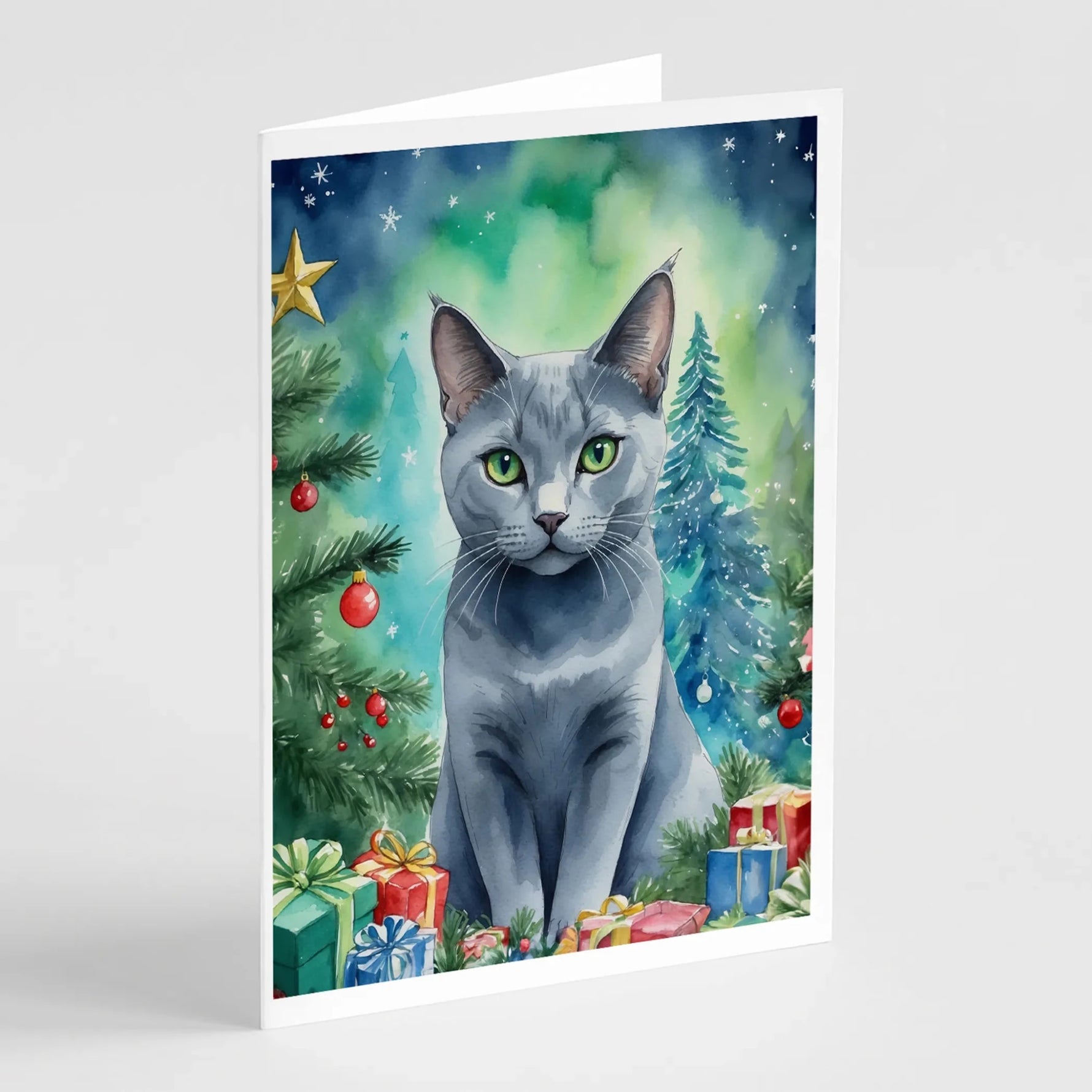 Cat By Christmas Tree Greeting Cards - Size: 5X7 | Pack Of: 8 | Collection name: Cat by christmas tree-AMAZON FACTORY