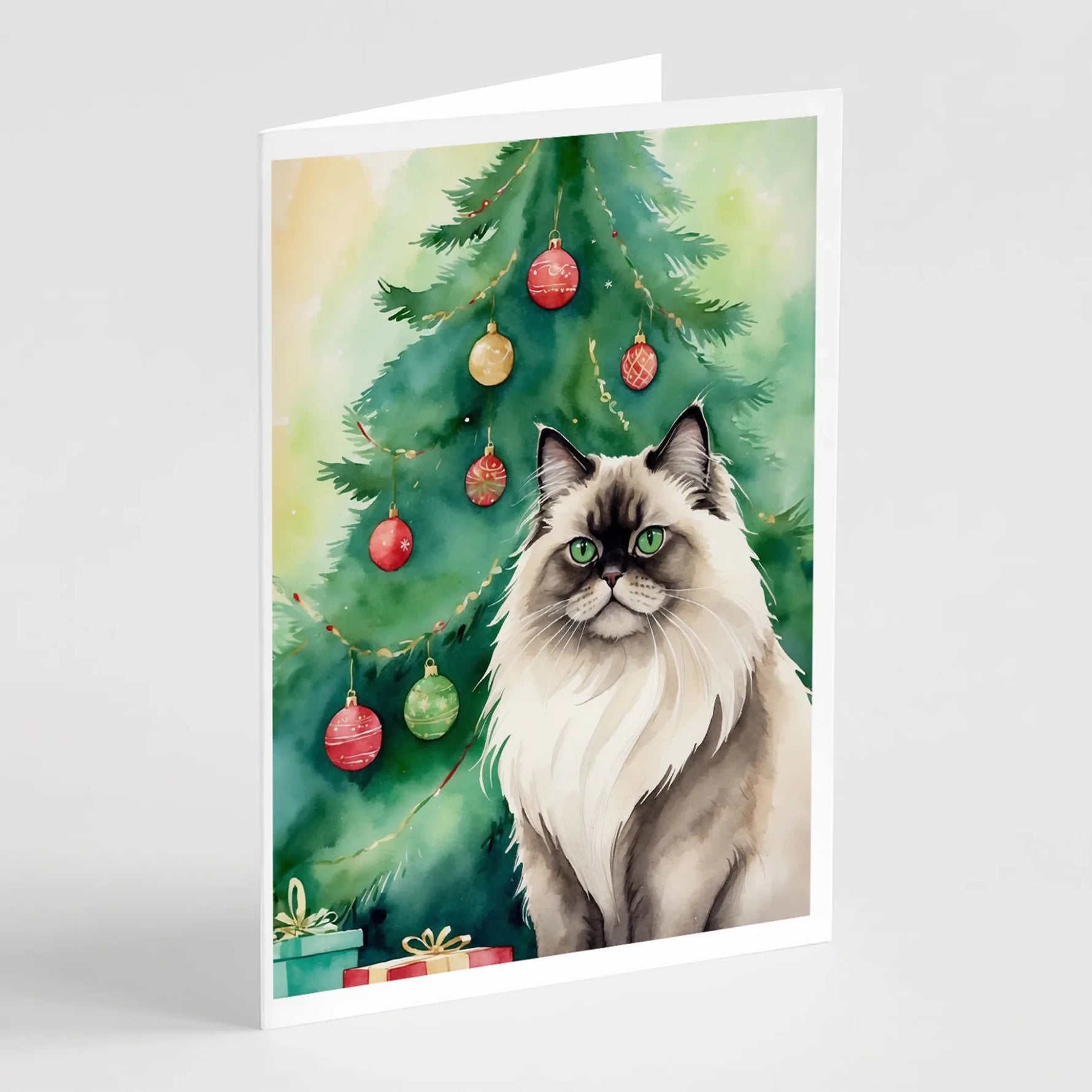 Cat By Christmas Tree Greeting Cards - Size: 5X7 | Pack Of: 8 | Collection name: Cat by christmas tree-AMAZON FACTORY