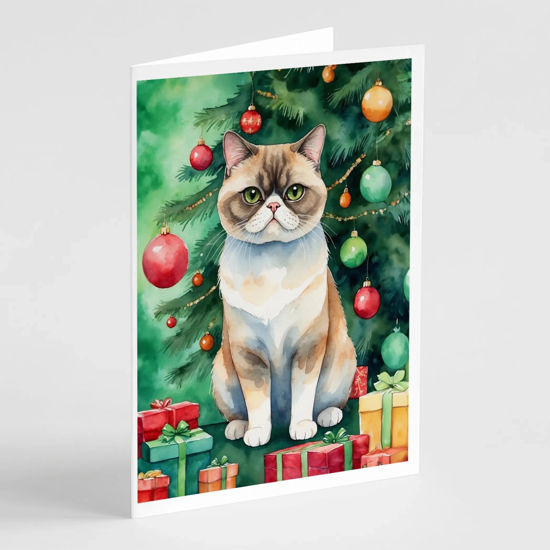 Cat By Christmas Tree Greeting Cards - Size: 5X7 | Pack Of: 8 | Collection name: Cat by christmas tree-AMAZON FACTORY
