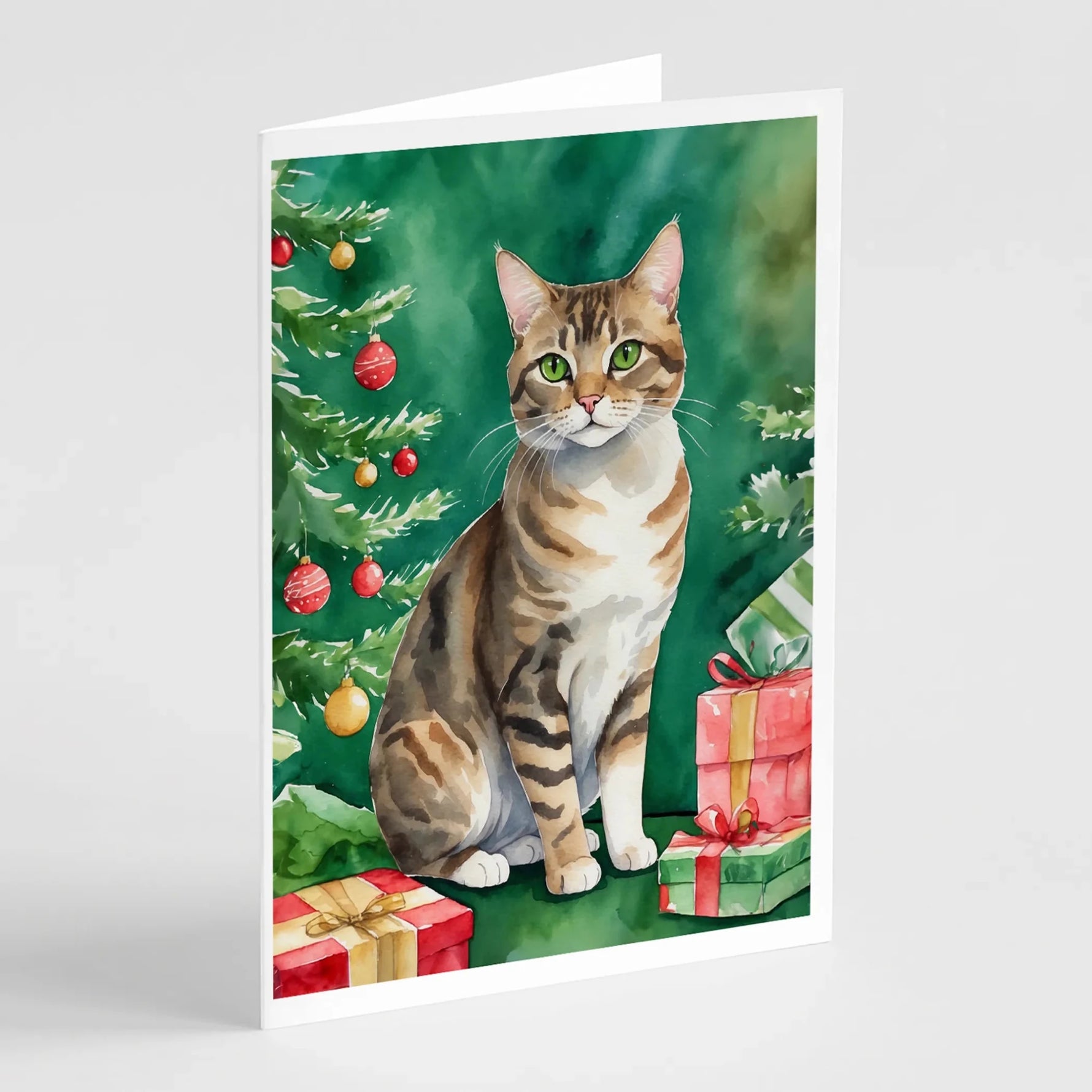 Cat By Christmas Tree Greeting Cards - Size: 5X7 | Pack Of: 8 | Collection name: Cat by christmas tree-AMAZON FACTORY
