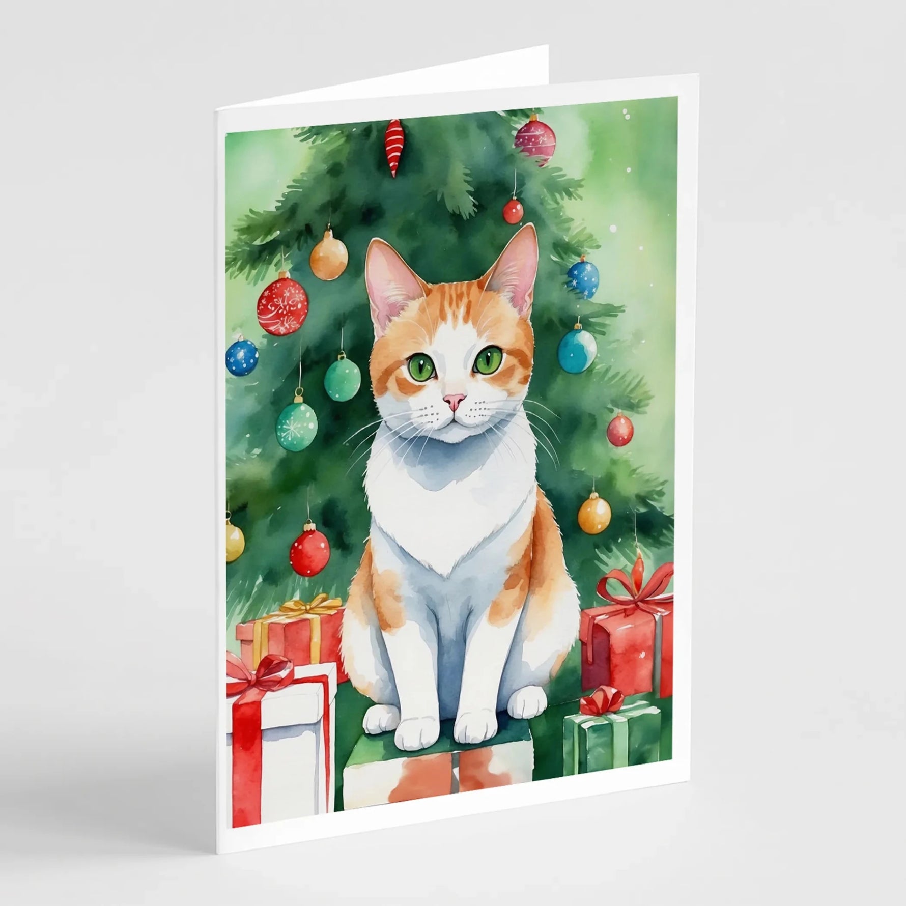Cat By Christmas Tree Greeting Cards - Size: 5X7 | Pack Of: 8 | Collection name: Cat by christmas tree-AMAZON FACTORY