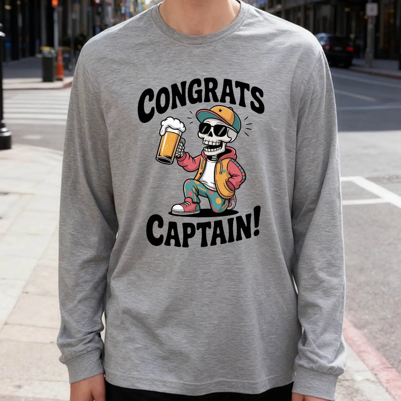 Congrats Captain Men's Long Sleeve T-Shirt 180g 100% Cotton Printed Crew Neck Casual Daily Wear Soft and Breathable-AMAZON FACTORY