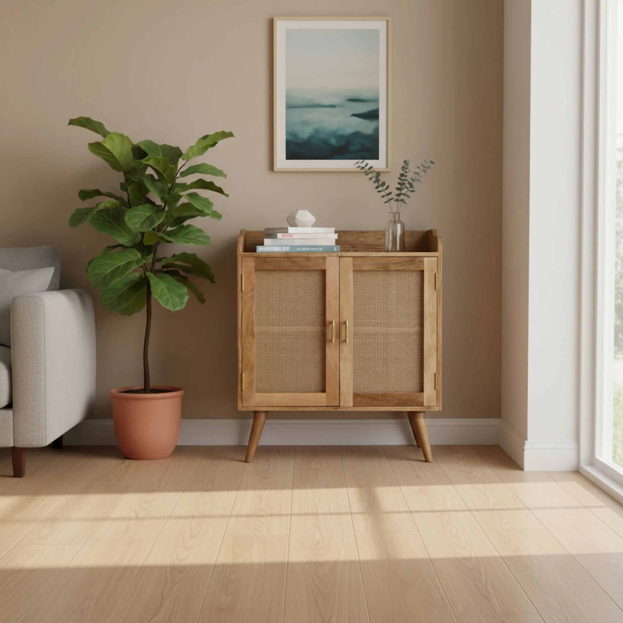 Distressed Solid Wood Inlaid Rattan Accent Cabinet With Two Doors - AMAZON FACTORY