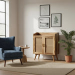 Distressed Solid Wood Inlaid Rattan Accent Cabinet With Two Doors - AMAZON FACTORY