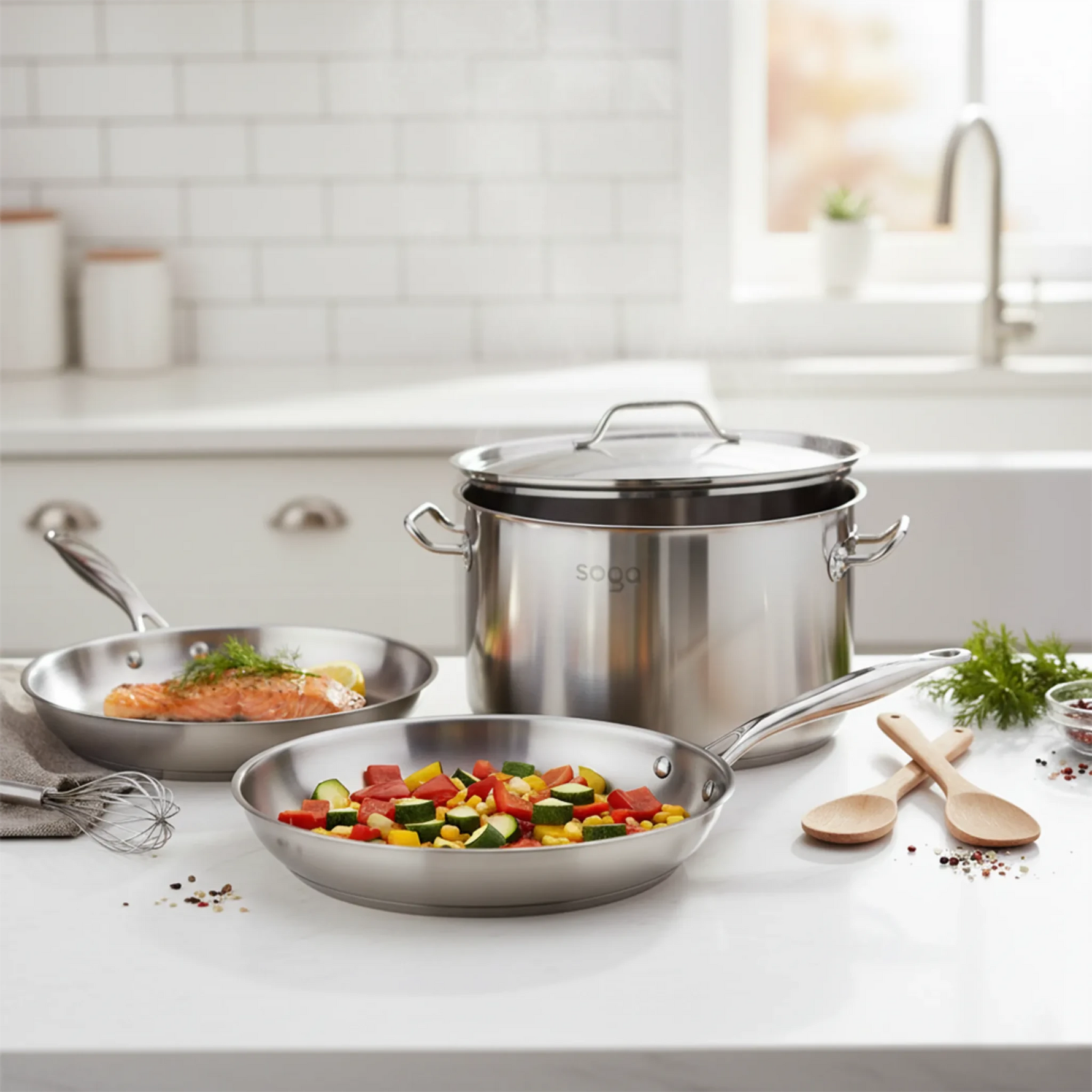 Essential Cooking Stainless Steel Fry Pans + L Stock Pot, Silver-AMAZON FACTORY