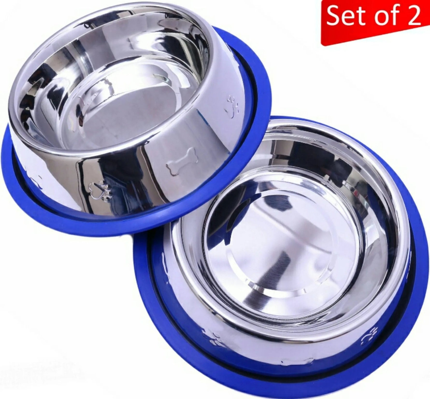 Etched Stainless Steel Dog Bowls with Blue Silicone Base - AMAZON FACTORY