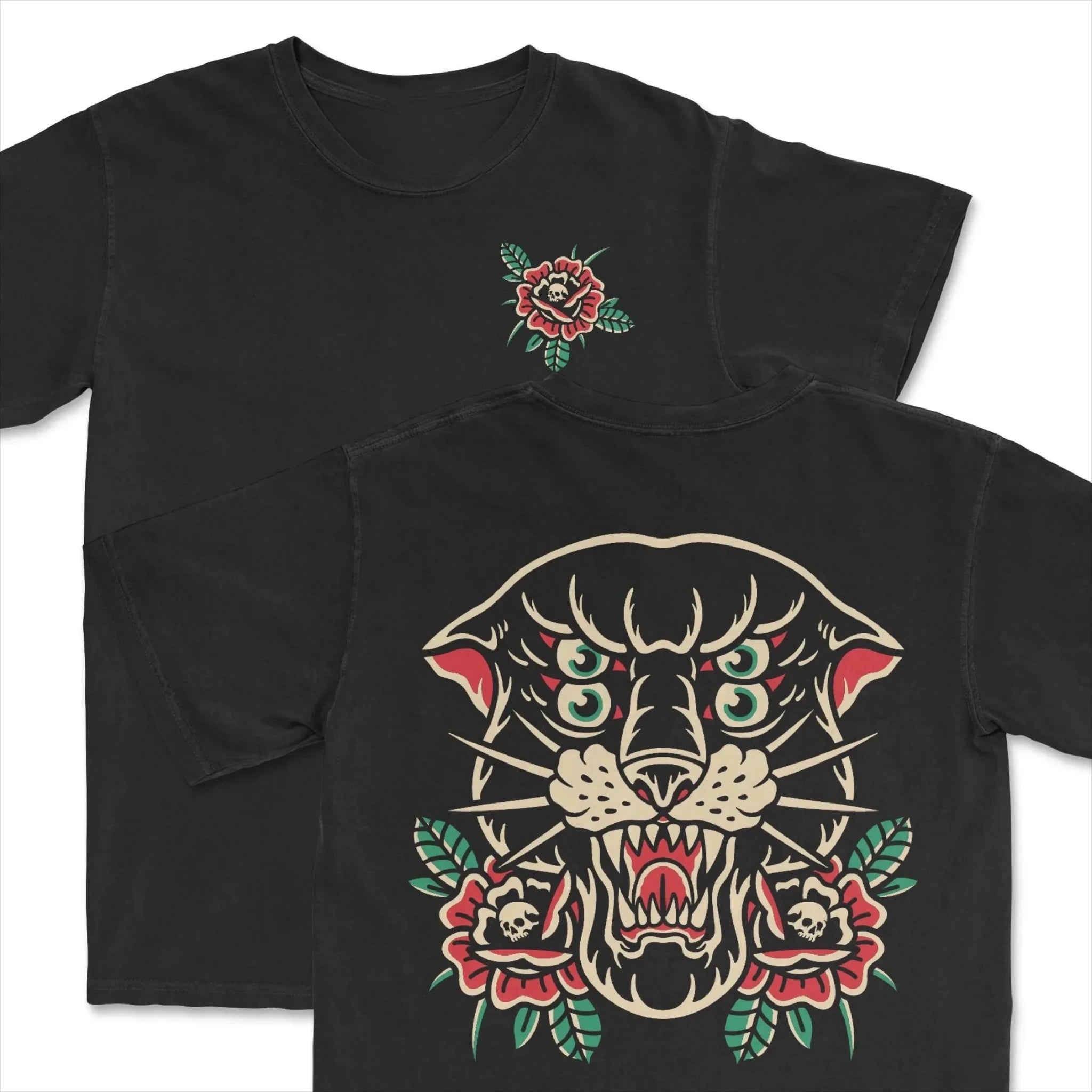 Four-eyed Leopard Print T-shirt, American Traditional Tattoo Clothing Tattoo Pattern T-shirt Retro Tattoo T-shirt Style Clothing-AMAZON FACTORY