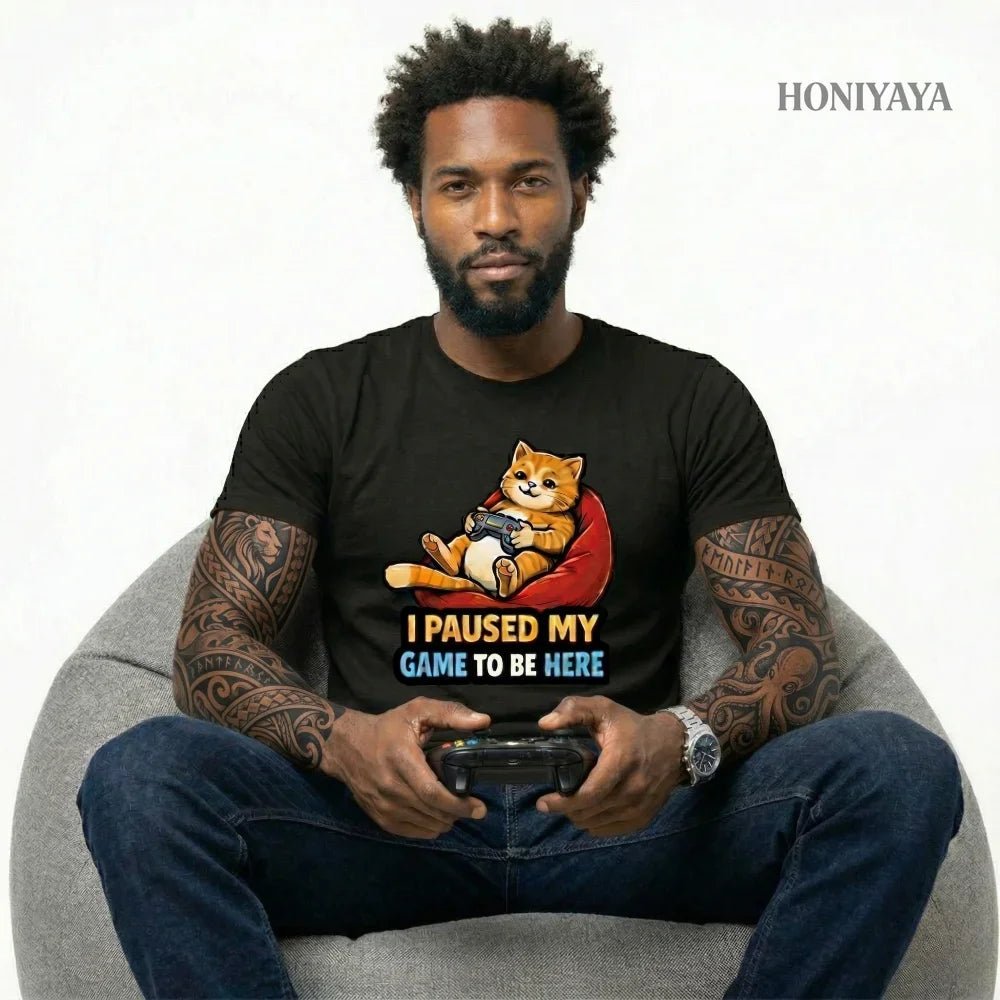 Funny T Shirt Men Women Cotton Casual Tee Gamer Cat Shirt I Paused My Game Gift for Gamers-AMAZON FACTORY