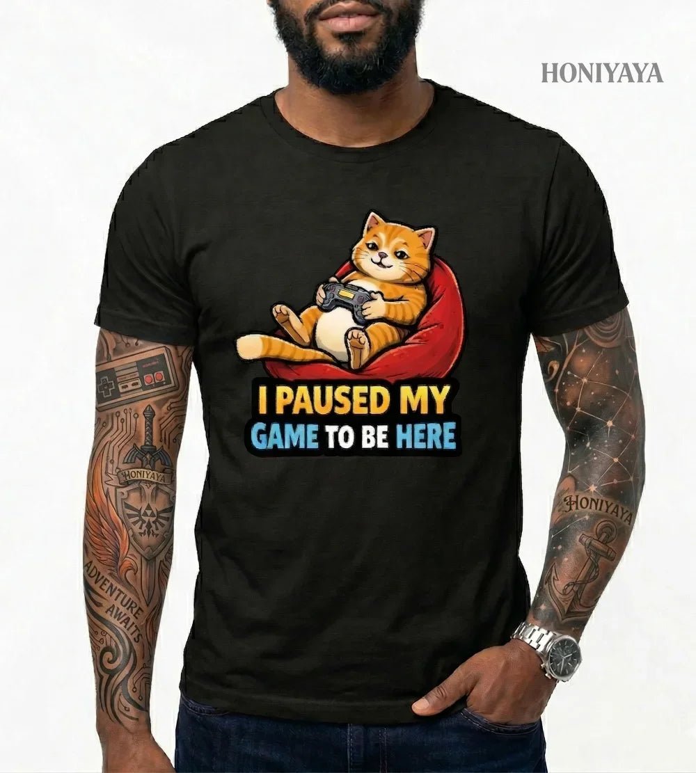 Funny T Shirt Men Women Cotton Casual Tee Gamer Cat Shirt I Paused My Game Gift for Gamers-AMAZON FACTORY