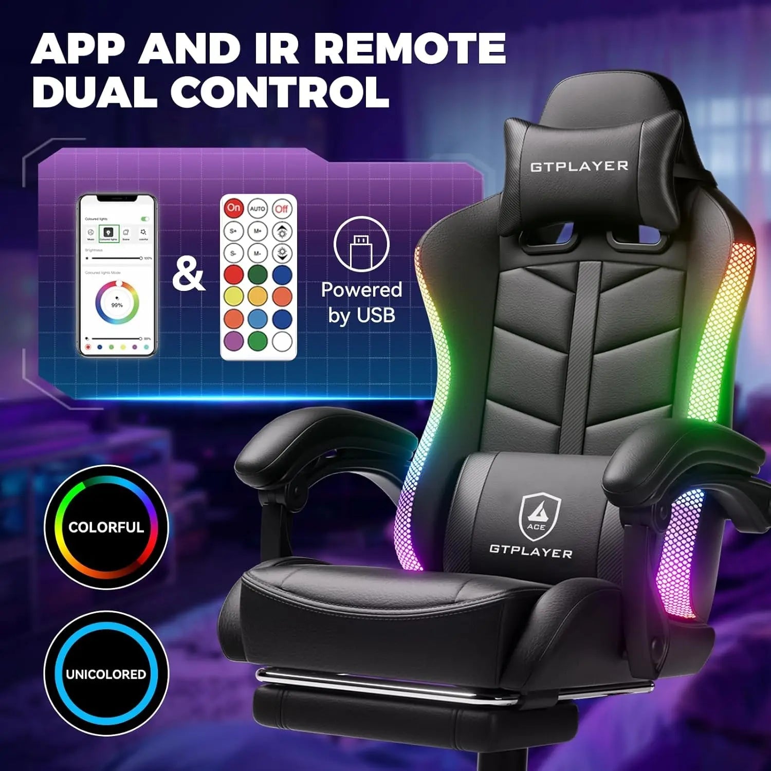 GTPLAYER RGB Gaming Chair with Footrest, Computer Gaming Chair with LED Lights for Adults, Height Adjustable PC Gamer Chair-AMAZON FACTORY