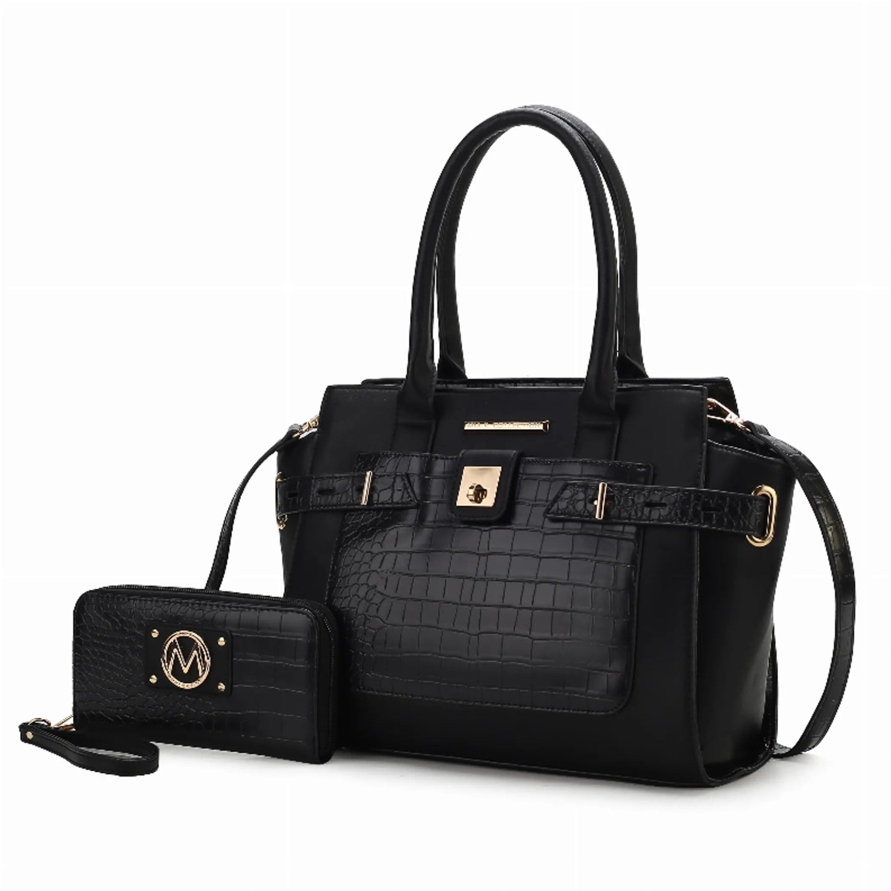 Isla Crocodile Embossed Vegan Leather Women's Satchel Bag - 2 pieces - AMAZON FACTORY