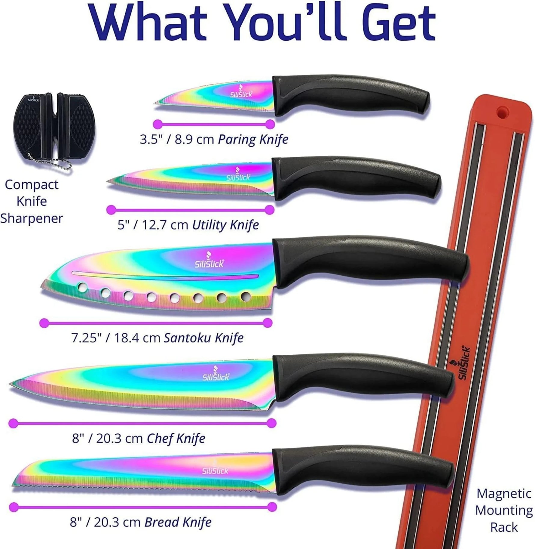 Kitchen Knife Set Kit 5 Dishwasher Safe Colorful Knives Knife Sharpener & Magnetic Wall Bar Titanium Non Stick Plating Stainless Steel-AMAZON FACTORY