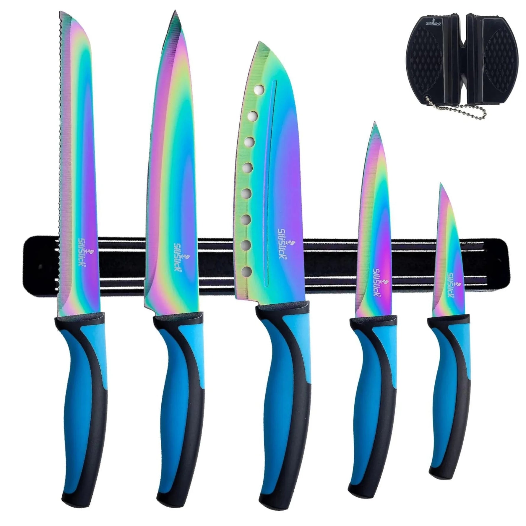 Kitchen Knife Set Kit 5 Dishwasher Safe Colorful Knives Knife Sharpener & Magnetic Wall Bar Titanium Non Stick Plating Stainless Steel-AMAZON FACTORY