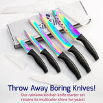 Kitchen Knife Set Kit 5 Professional Grade Iridescent Blade Knives Includes Knife Sharpener & Magnetic Wall Hanger All Black with Black Knife Rack-AMAZON FACTORY