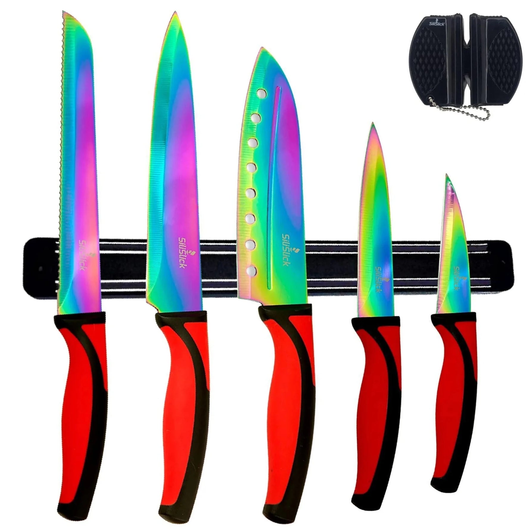 Kitchen Knife Set Kit 5 Professional Grade Iridescent Blade Knives Includes Knife Sharpener & Magnetic Wall Hanger Red Handle with Black Knife Rack-AMAZON FACTORY