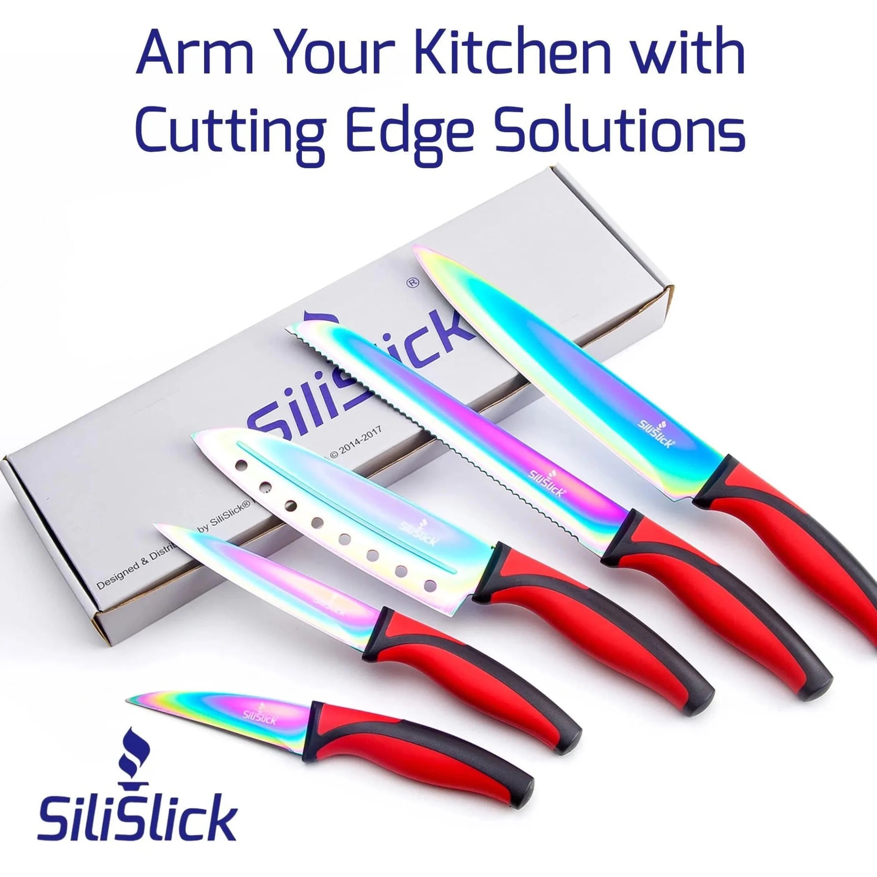 Kitchen Knife Set Kit 5 Professional Grade Iridescent Blade Knives Includes Knife Sharpener & Magnetic Wall Hanger Red Handle with Black Knife Rack-AMAZON FACTORY