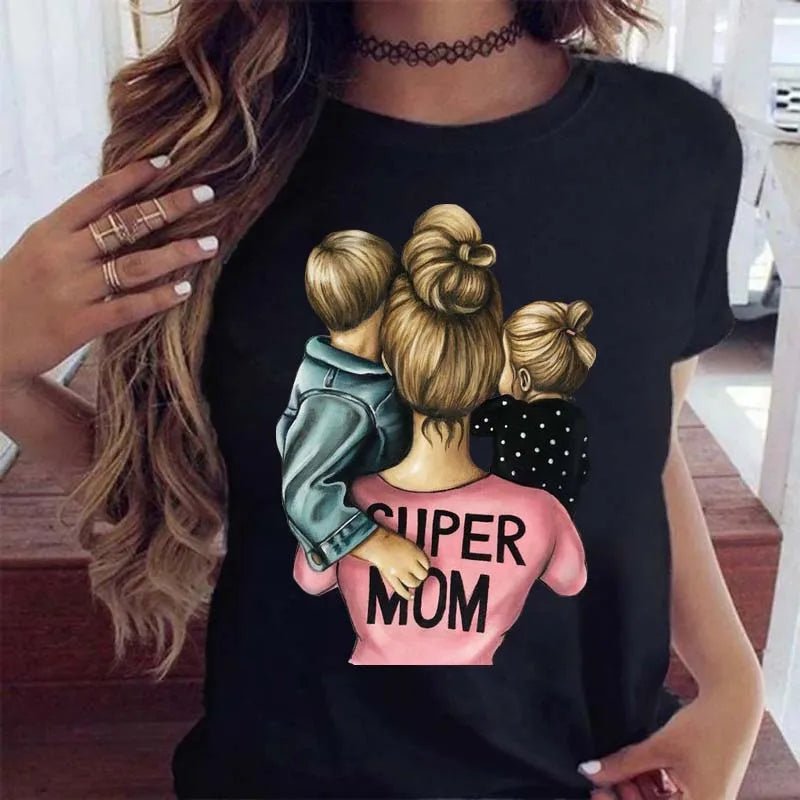 Maycaur Women Cartoon Mom Mother Boy Girl Print Mother Lady T-shirts Casual Top T Shirt Ladies Womens Graphic Female Tee T-Shirt-AMAZON FACTORY