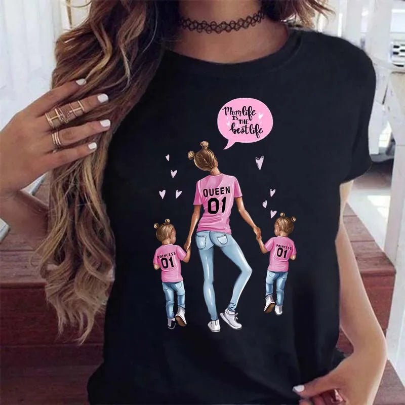 Maycaur Women Cartoon Mom Mother Boy Girl Print Mother Lady T-shirts Casual Top T Shirt Ladies Womens Graphic Female Tee T-Shirt-AMAZON FACTORY