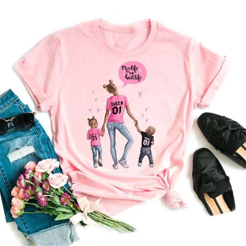 Maycaur Women Cartoon Mom Mother Boy Girl Print Mother Lady T-shirts Casual Top T Shirt Ladies Womens Graphic Female Tee T-Shirt-AMAZON FACTORY
