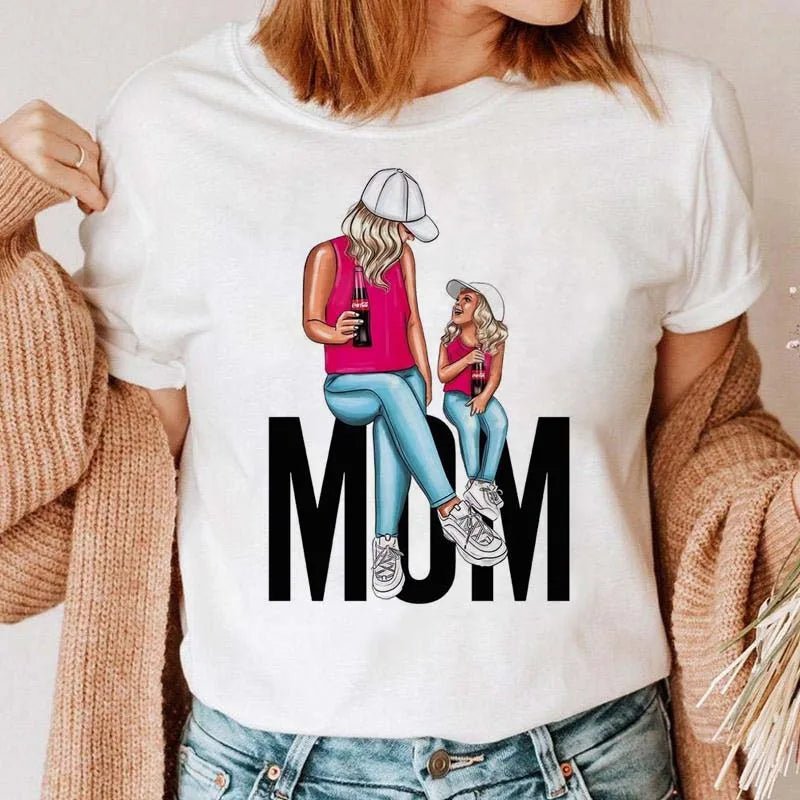 Maycaur Women Cartoon Mom Mother Boy Girl Print Mother Lady T-shirts Casual Top T Shirt Ladies Womens Graphic Female Tee T-Shirt-AMAZON FACTORY