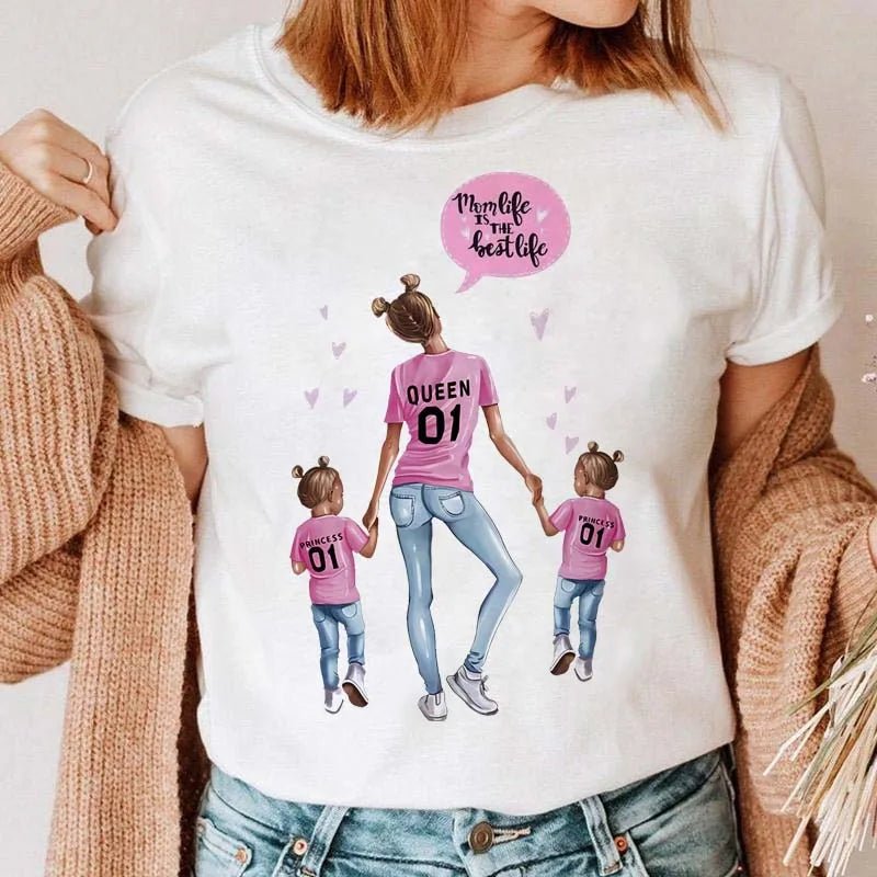 Maycaur Women Cartoon Mom Mother Boy Girl Print Mother Lady T-shirts Casual Top T Shirt Ladies Womens Graphic Female Tee T-Shirt-AMAZON FACTORY