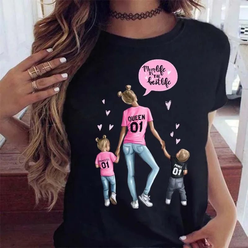 Maycaur Women Cartoon Mom Mother Boy Girl Print Mother Lady T-shirts Casual Top T Shirt Ladies Womens Graphic Female Tee T-Shirt-AMAZON FACTORY