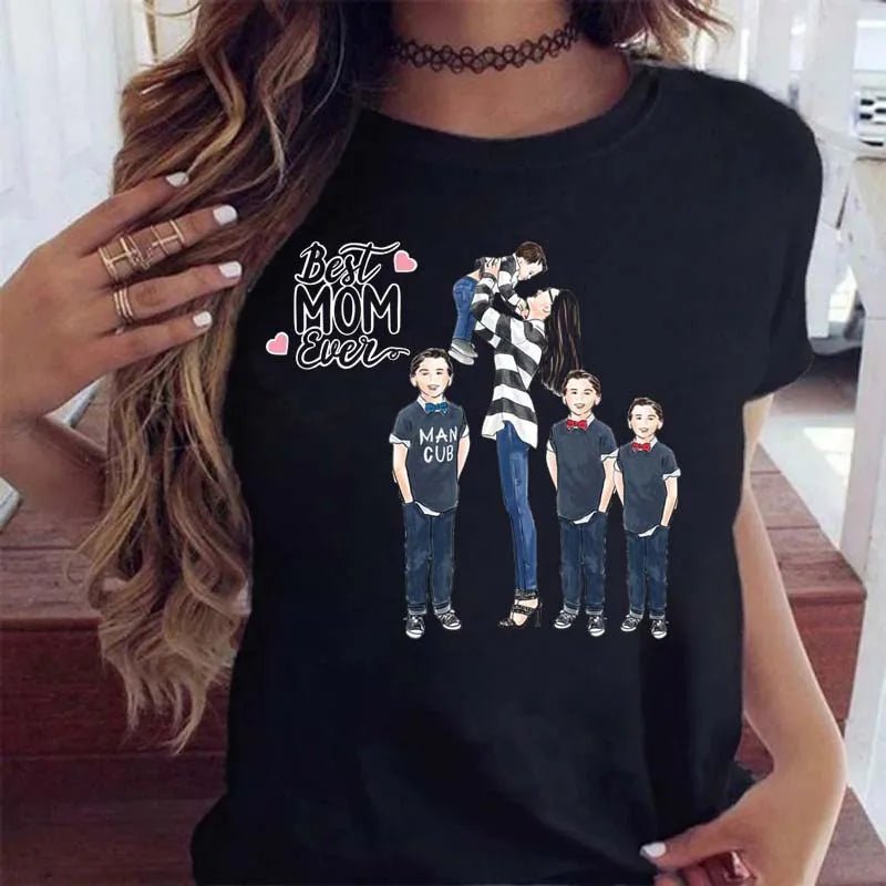 Maycaur Women Cartoon Mom Mother Boy Girl Print Mother Lady T-shirts Casual Top T Shirt Ladies Womens Graphic Female Tee T-Shirt-AMAZON FACTORY