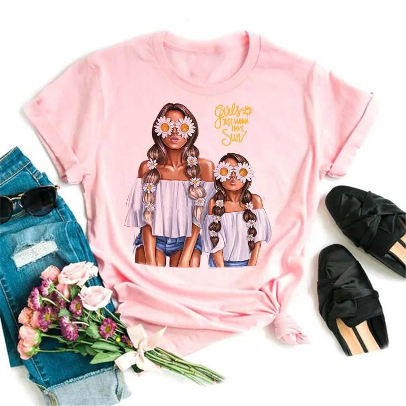 Maycaur Women Cartoon Mom Mother Boy Girl Print Mother Lady T-shirts Casual Top T Shirt Ladies Womens Graphic Female Tee T-Shirt-AMAZON FACTORY