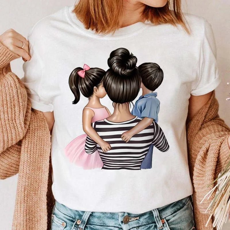 Maycaur Women Cartoon Mom Mother Boy Girl Print Mother Lady T-shirts Casual Top T Shirt Ladies Womens Graphic Female Tee T-Shirt-AMAZON FACTORY