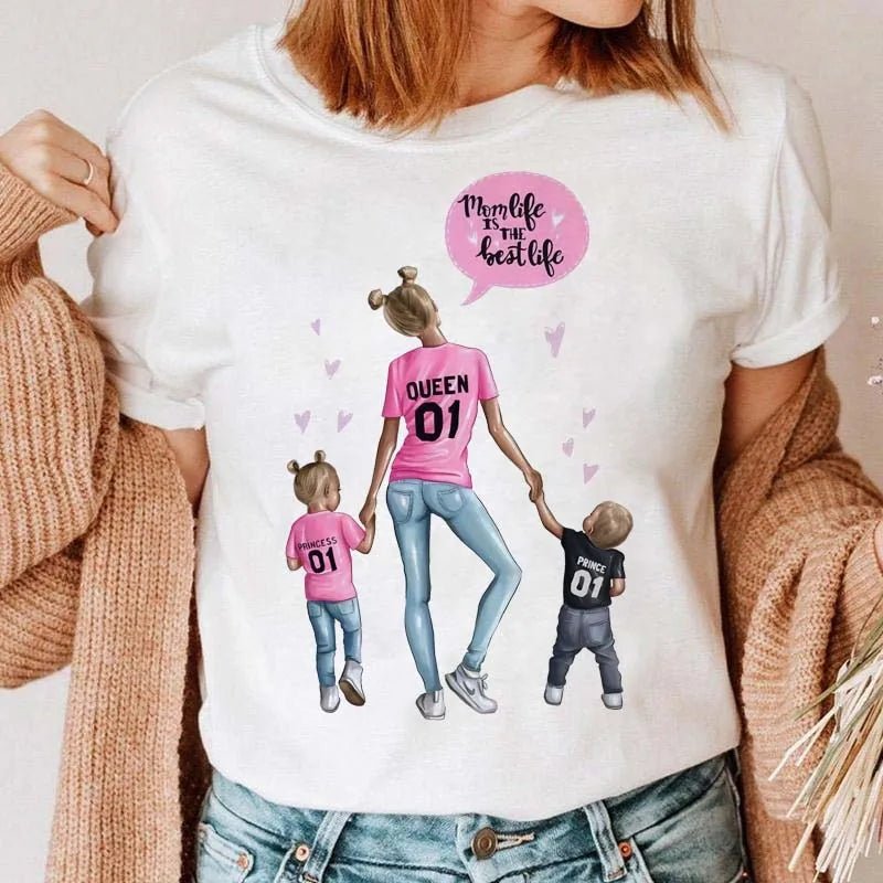 Maycaur Women Cartoon Mom Mother Boy Girl Print Mother Lady T-shirts Casual Top T Shirt Ladies Womens Graphic Female Tee T-Shirt-AMAZON FACTORY
