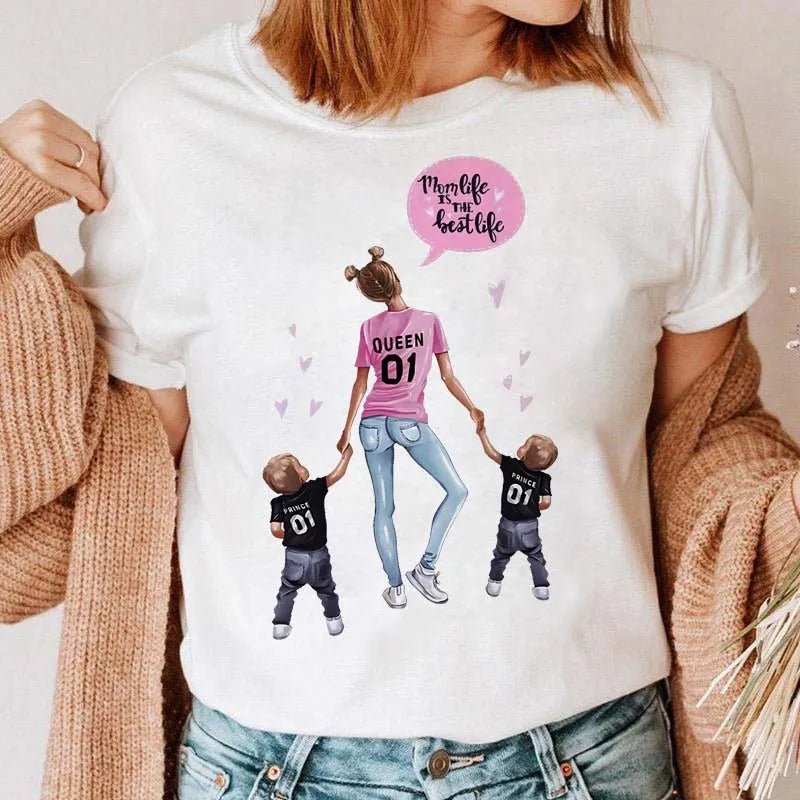 Maycaur Women Cartoon Mom Mother Boy Girl Print Mother Lady T-shirts Casual Top T Shirt Ladies Womens Graphic Female Tee T-Shirt-AMAZON FACTORY