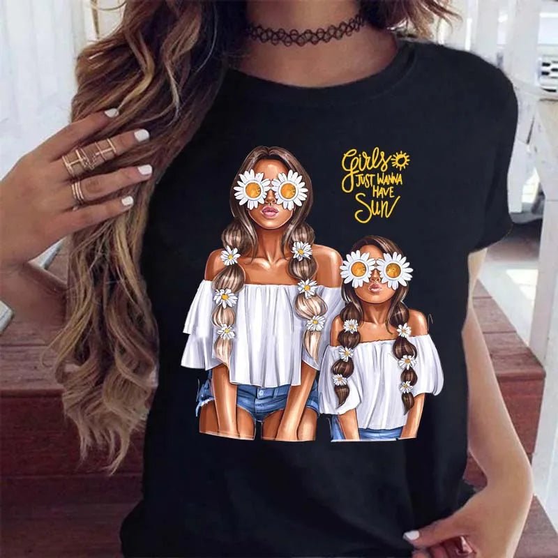 Maycaur Women Cartoon Mom Mother Boy Girl Print Mother Lady T-shirts Casual Top T Shirt Ladies Womens Graphic Female Tee T-Shirt-AMAZON FACTORY