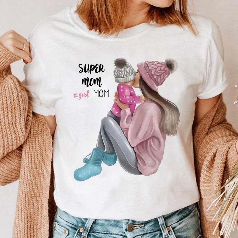 Maycaur Women Cartoon Mom Mother Boy Girl Print Mother Lady T-shirts Casual Top T Shirt Ladies Womens Graphic Female Tee T-Shirt-AMAZON FACTORY