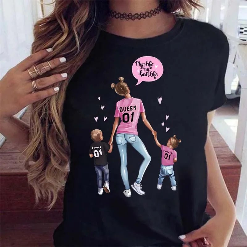 Maycaur Women Cartoon Mom Mother Boy Girl Print Mother Lady T-shirts Casual Top T Shirt Ladies Womens Graphic Female Tee T-Shirt-AMAZON FACTORY