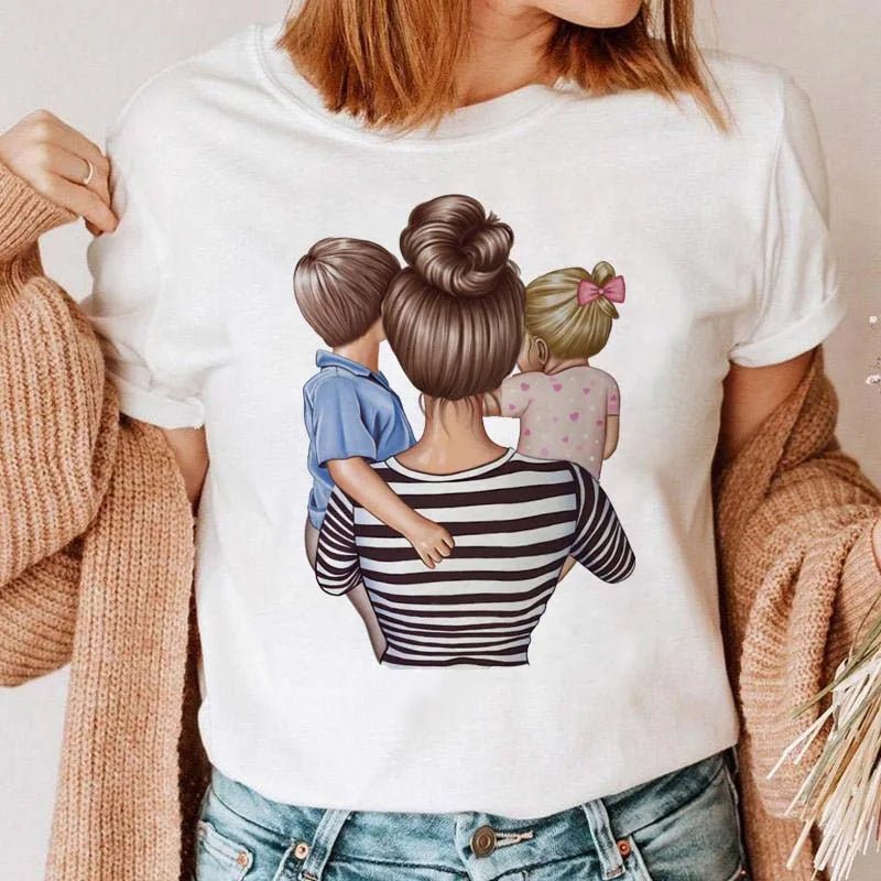 Maycaur Women Cartoon Mom Mother Boy Girl Print Mother Lady T-shirts Casual Top T Shirt Ladies Womens Graphic Female Tee T-Shirt-AMAZON FACTORY