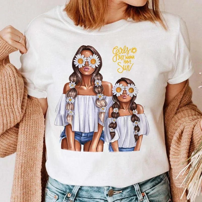 Maycaur Women Cartoon Mom Mother Boy Girl Print Mother Lady T-shirts Casual Top T Shirt Ladies Womens Graphic Female Tee T-Shirt-AMAZON FACTORY