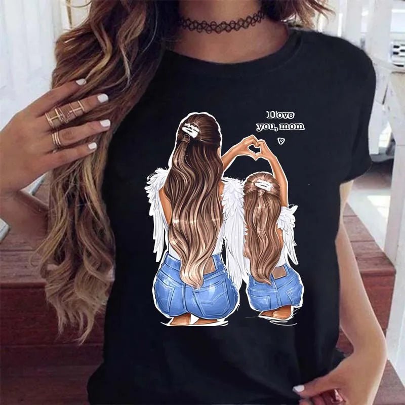 Maycaur Women Cartoon Mom Mother Boy Girl Print Mother Lady T-shirts Casual Top T Shirt Ladies Womens Graphic Female Tee T-Shirt-AMAZON FACTORY