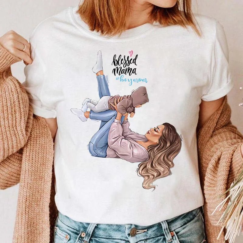 Maycaur Women Cartoon Mom Mother Boy Girl Print Mother Lady T-shirts Casual Top T Shirt Ladies Womens Graphic Female Tee T-Shirt-AMAZON FACTORY