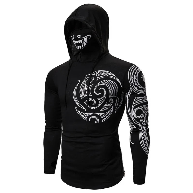 Men Trend With Mask Hood Sweatshirt Elastic Fitness Tattoo Print Hooded Sweat Homme Mens Hip Hop Sudadera Ninja Suit Streetwear-AMAZON FACTORY