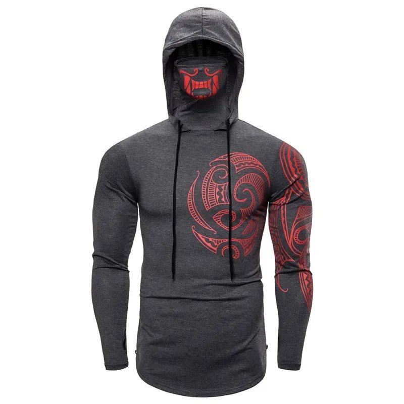 Men Trend With Mask Hood Sweatshirt Elastic Fitness Tattoo Print Hooded Sweat Homme Mens Hip Hop Sudadera Ninja Suit Streetwear-AMAZON FACTORY