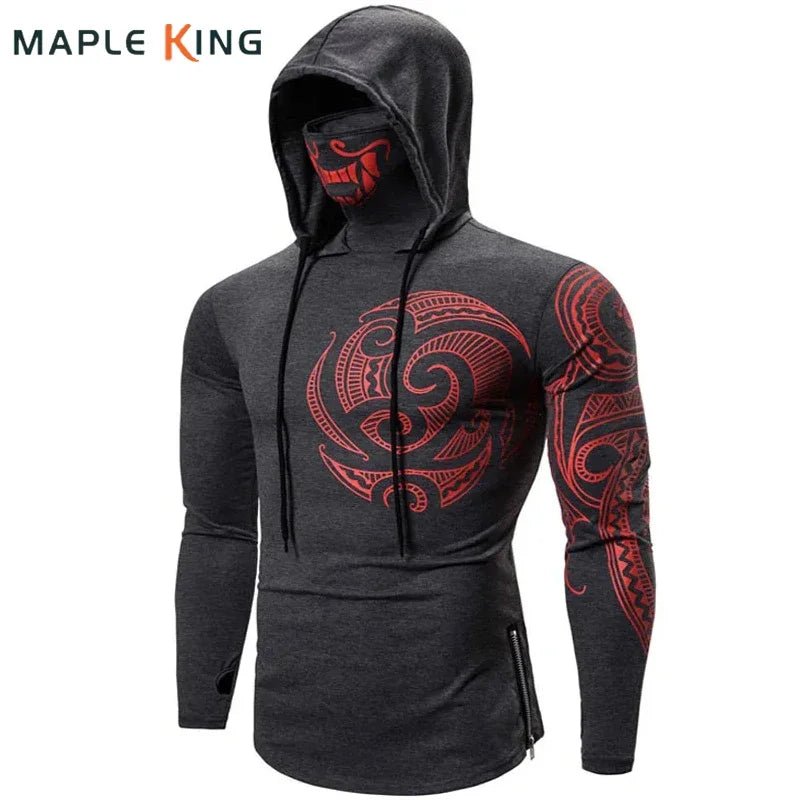 Men Trend With Mask Hood Sweatshirt Elastic Fitness Tattoo Print Hooded Sweat Homme Mens Hip Hop Sudadera Ninja Suit Streetwear-AMAZON FACTORY