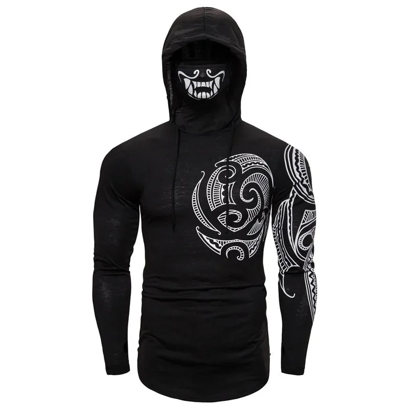 Men Trend With Mask Hood Sweatshirt Elastic Fitness Tattoo Print Hooded Sweat Homme Mens Hip Hop Sudadera Ninja Suit Streetwear-AMAZON FACTORY